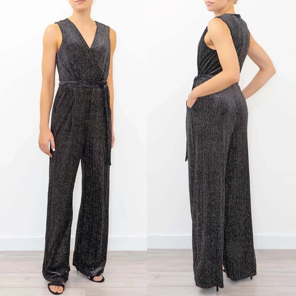 Anthropologie Greylin Black Shimmer Glitter Plunge Neck Wide Leg Jumpsuit Small - Picture 1 of 12